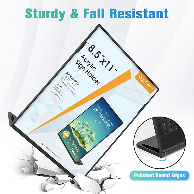 MaxGear Fall Resistant Acrylic Sign Holder 8.5 x 11 Inches 3 Pack, Slant Back Table Flyer Menu Display Stand, Heavy Duty Plastic Acrylic Sign Frame Paper Holder for Business, Store, Restaurant, Black