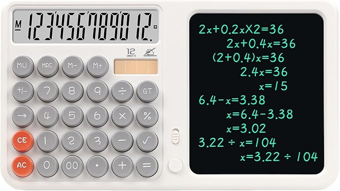 Calculators Desktop with Notepad Writing Tablet,12 Digit Large Button Office Calculator, – Solar & Battery Powered Math Tool with Large Display for Office, Business & Study,School & Home (White)