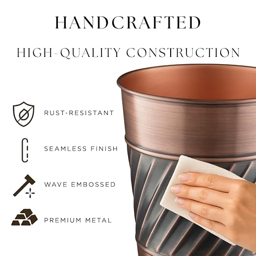 Monarch Abode Metal Wastebasket Trash Can, Handcrafted, Wave Embossed, Bathroom Decor, Antique Copper Finish