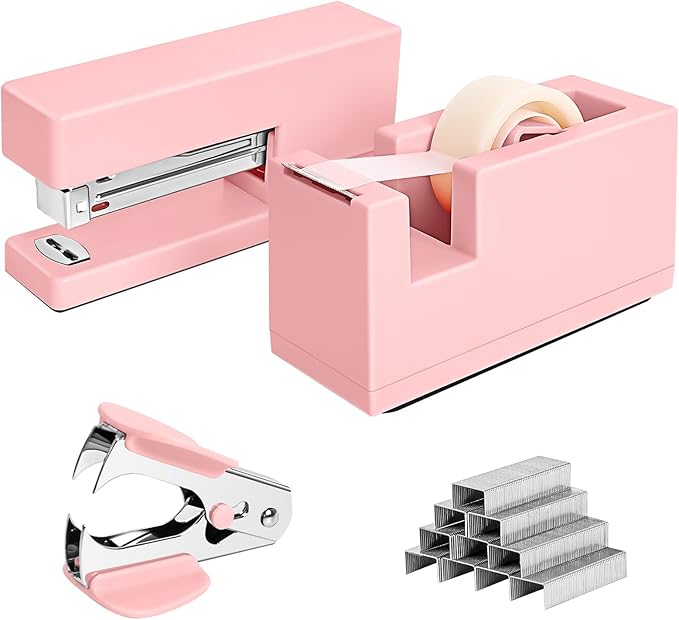 1 Desktop Stapler & 1 Tape Dispenser - 25 Sheet Capacity with 830 Staples and Staple Remover, Non-Slip for Office,School, Home & Classroom, Pink(Tape not Included)