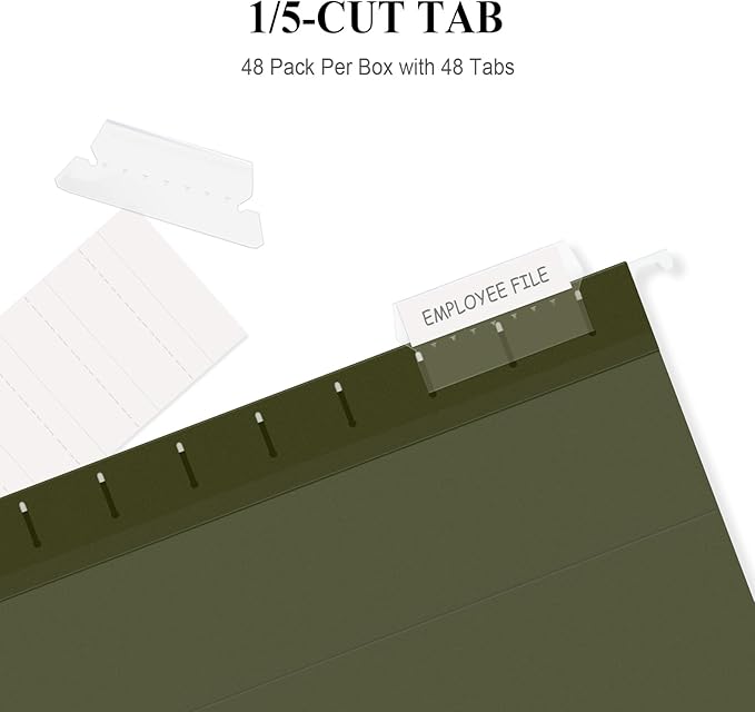 ViVin Hanging File Folders, 1/5-Cut Adjustable Tabs with 48 Per Box, 1 Inch Expansion, 48 Pack Letter Size Hanging File Folders, Designed for Office Home School Filing Cabinet(Green)