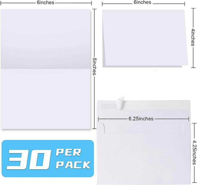 Blank Cards and Envelopes 4x6, 30 Pack White Invitation Card Stock with 30 Pack A4 Size, Self-Seal Thank you Blank Greeting Cards with Envelopes for All Occasion DIY, Print custom