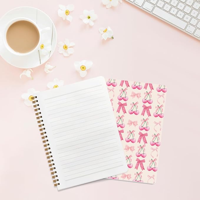 2 PCs Pink Bow Cherry Spiral Notebook Trendy Preppy Journaling Notebooks Cute Coquette Gifts for Women Teen Girls Note Books Journals for Writing Hardcover Notebook Office Classroom Supplies