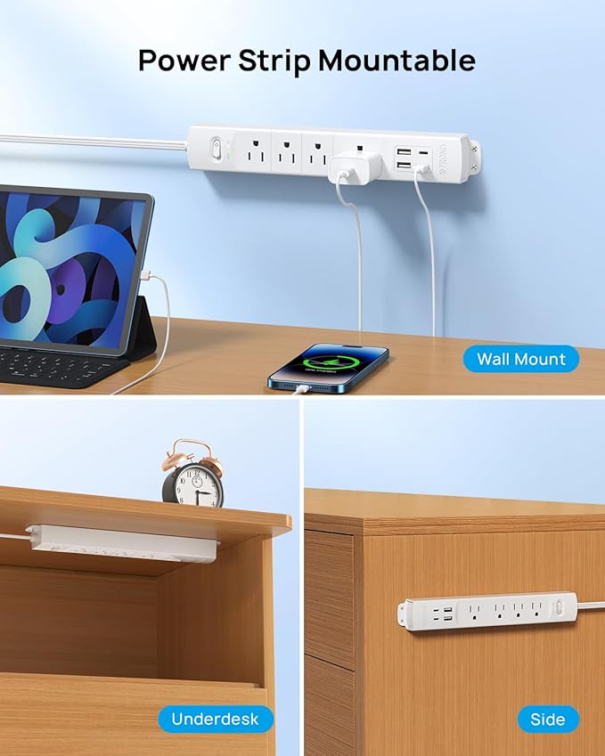 TROND Flat Plug Power Strip USB-5ft Flat Extension Cord Surge Protector Wall Mount, 2 Type C & 2 USB A Ports with Multiple Outlets, 1440J, 1625W for Office Supplies Dorm Room Essentials, White
