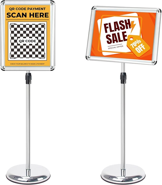 11x17 inches Poster Stand Holder Adjustable Floor Standing Sign Holder Vertical and Horizontal View Sign Display, Aluminum Snap Frame with Safety Corner, Silver