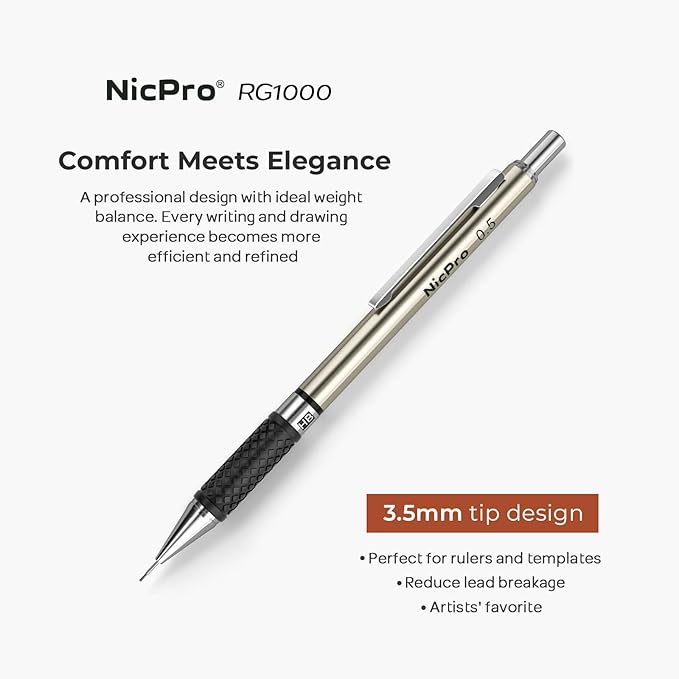 Nicpro 0.5 mm Art Mechanical Pencils Set in Gift Case, 6 PCS Metal Drafting Pencil 0.5mm with 6 Tube HB Lead Refills & 18 PCS Eraser Refills for Adults, Children, Artist Writing, Drawing, Sketching