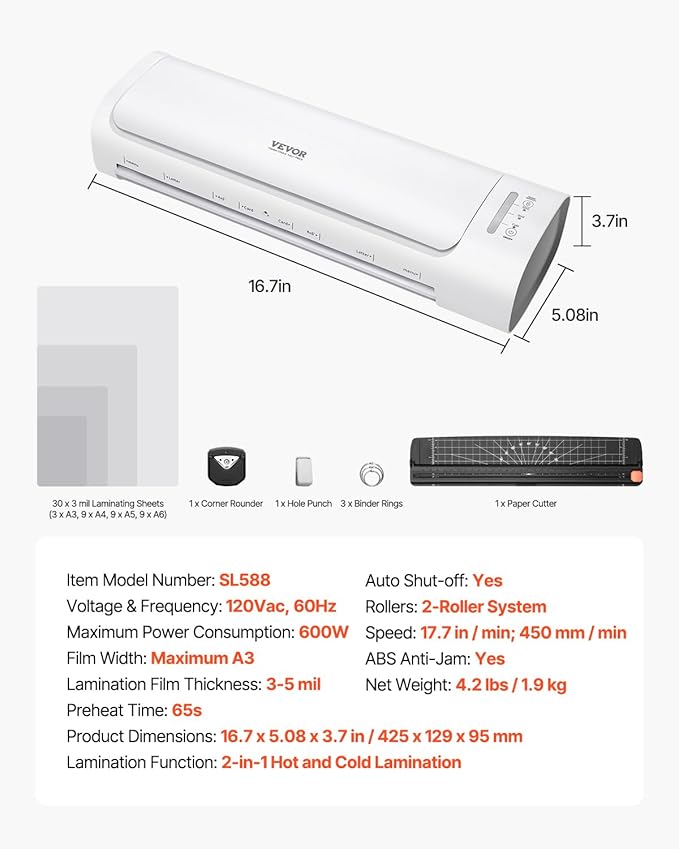 VEVOR Laminator Machine, Cold and Hot Laminator for Max A3 Paper Size, 1 min Quick Warm Thermal Laminator, 3-5 mil Thickness, Ideal for Home, Office, Business, or School Supplies, White + Grey