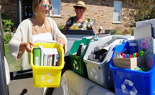 Multi Recycling System with Three Stackable 5 Gallon Bins to Build Your Recycling Center for Offices, Homes, Garages, Businesses - (9 Pack, Blue/Grey/Green)