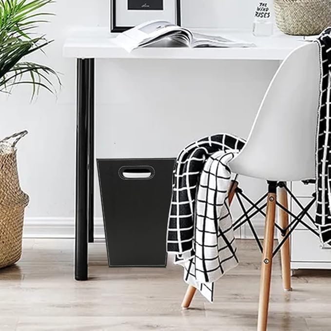 KINGFOM Classic Pu Leather Trash Can Wastebasket, Garbage Container Bin with Handles for Bathrooms, Powder Rooms, Kitchens, Home, Office and and High Class Hotel Square Black