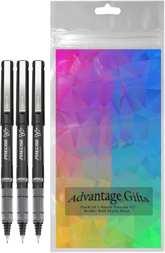 Precise V7 Stick Rolling Ball Pens, Fine Point (.7mm), Black Ink, 3-pk; Bundle with Plastic Reusable Pouch