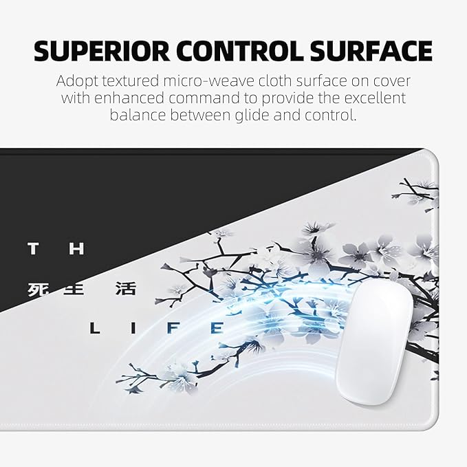 ETZ Black and White Japanese Cherry Tree Blosson Mouse Pad (31.5 × 11.8 × 0.12 inch) Extended Large Mouse Mat Desk Pad, Stitched Edges Mousepad,Non-Slip Rubber Base,Gaming Mouse Pad XL.