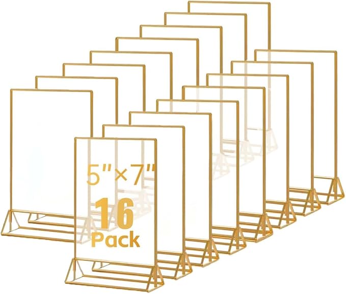 16 Pack Gold Acrylic Sign Holder, 5x7 Inch Picture Frames Wedding Double Sided Display Clear Sign Holders Stand Desktop Table Menu for Wedding Party Restaurant
