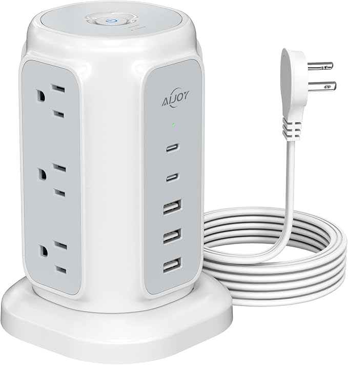 AiJoy Flat Plug Power Strip Tower with 9 Outlets and 5 USB Ports (2 USB-C), 1200J Surge Protection, 1625W Extension Cord with Multiple Outlets Charging Station for Home Dorm Office Supplies