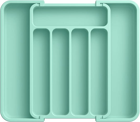 Aujen Silverware Organizer - Expandable Kitchen Drawer Organizer, Adjustable Utensil Organizer, Cutlery Tray for Forks, Knives, Multipurpose Kitchen Organizers and Storage Solution, Green, Medium