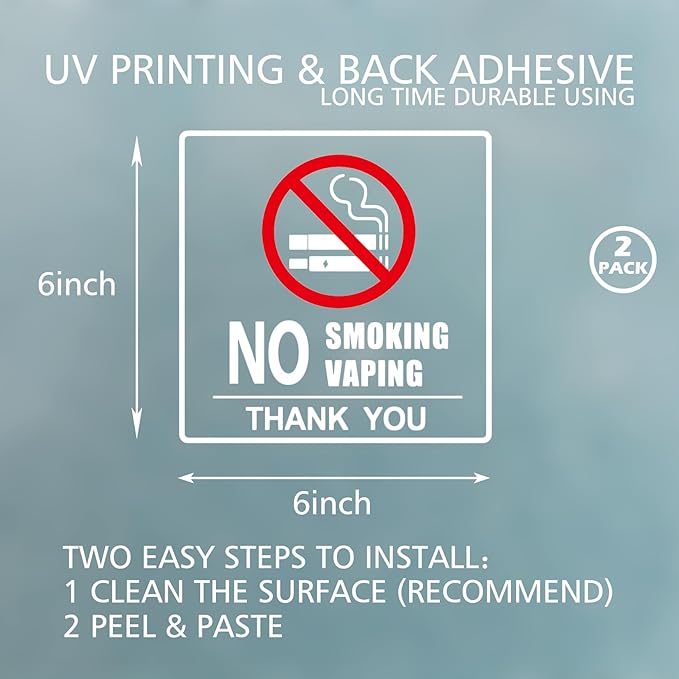 No Smoking Sign for Business Sign 6x6 Inch No Vaping Sticker Vinyl Sign Window Door Transparent Decals 2 Pack