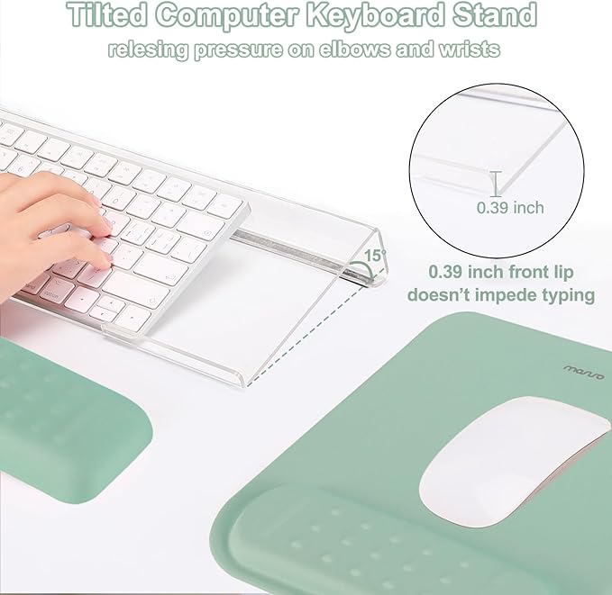 MOSISO Computer Keyboard Stand&Wrist Rest Support for Keyboard &Mouse Pad Set, Ergonomic Massage Wrist Rest Set, Easy Typing Working Acrylic Clear Stand for Office Home, Antique Green