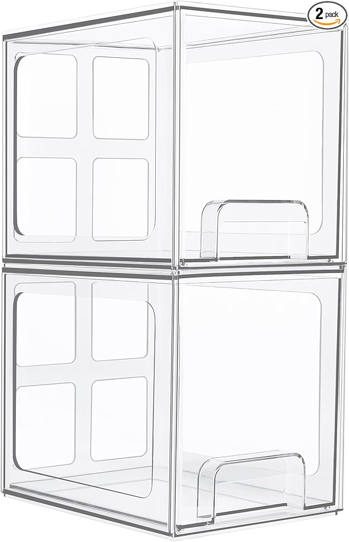 Vtopmart 2 Pack Stackable Storage Drawers, 6.6''Tall Acrylic Bathroom Makeup Organizers,Clear Plastic Storage Bins For Vanity, Undersink, Kitchen Cabinet,Pantry Organization and Storage