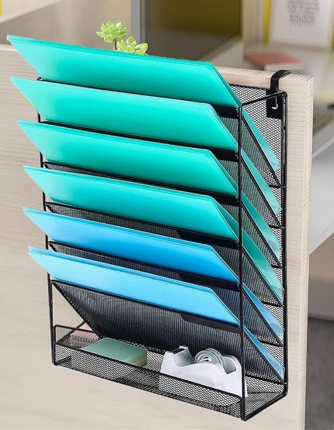 7-Compartment Wall Mounted Hanging File Organizer Cubicle Wall File Holder Vertical Document Organizer for Office Home, Black