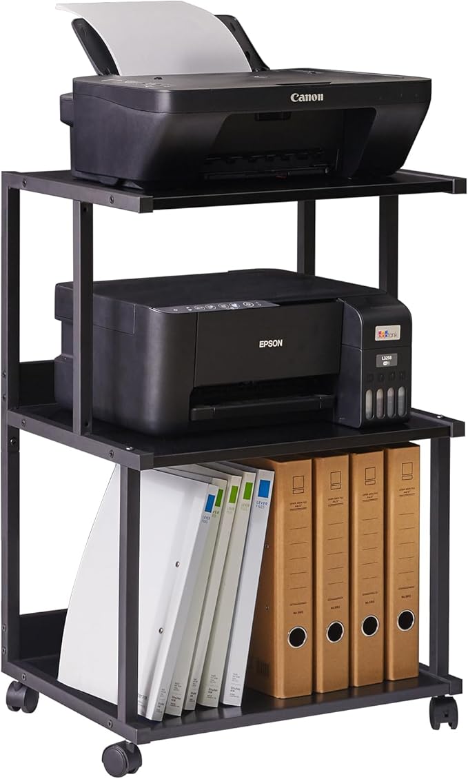 IBUYKE Black Printer Stand with Storage Shelf,3 Tier Printer Table with Wheels,Printer Cart for Home Office Organization, Rolling Cart Stand for Heat Press Microwave and Mini Fridge TPS001B