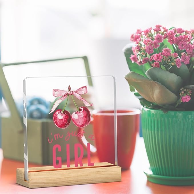 Preppy Coquette Cherry Gifts Pink Girl Room Decor for Cherry Lover Bow Sign Acrylic Sign Plaque Table Decorations for Home Farmhouse Bedroom