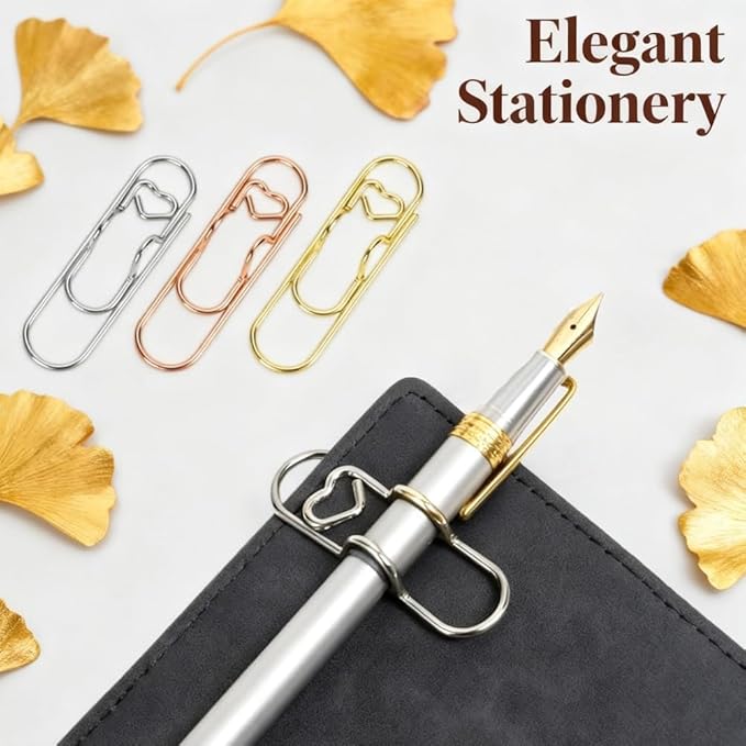 Heart Shaped Metal Pen Clip, Planner Writing Tool Holder, Thickened Carbon Steel, Not Deform/Discolor, for Notebooks Papers Journal Book Planner Jumbo Office Supplies (Gold, Rose Gold, Silver6 pcs)