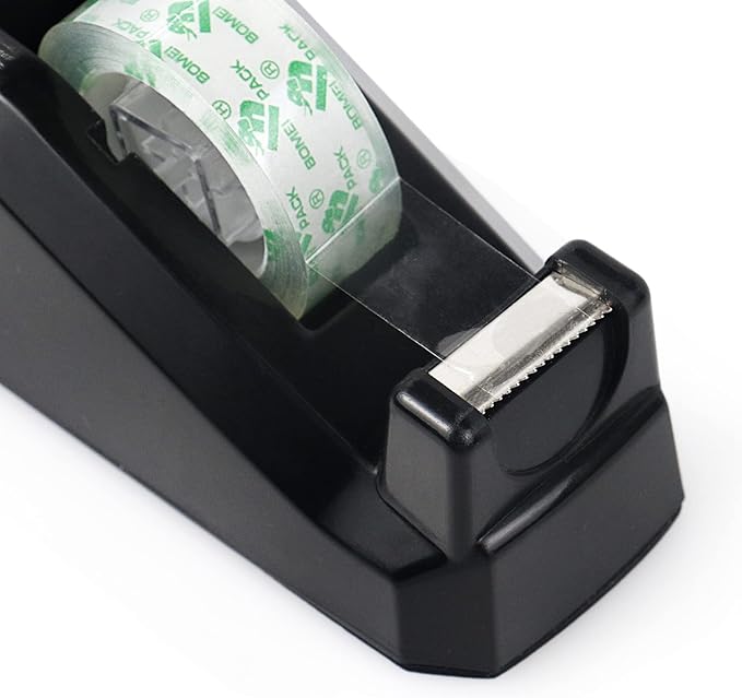 BOMEI PACK Tape Dispensers Desk, 1 Pack Black with 12Rolls Transparent Tape, 1 Inch Core, for Gift Wrapping, School, Office and Home