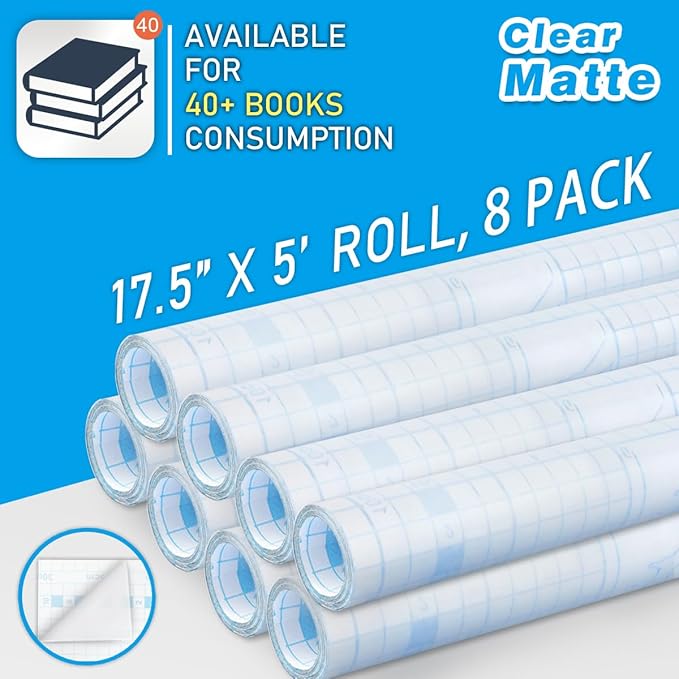 Chell 8 Pack Matte Clear Contact Paper Roll for Books, Crafts and Countertops, Self Adhesive Book Cover, 17.5 in x 5 ft