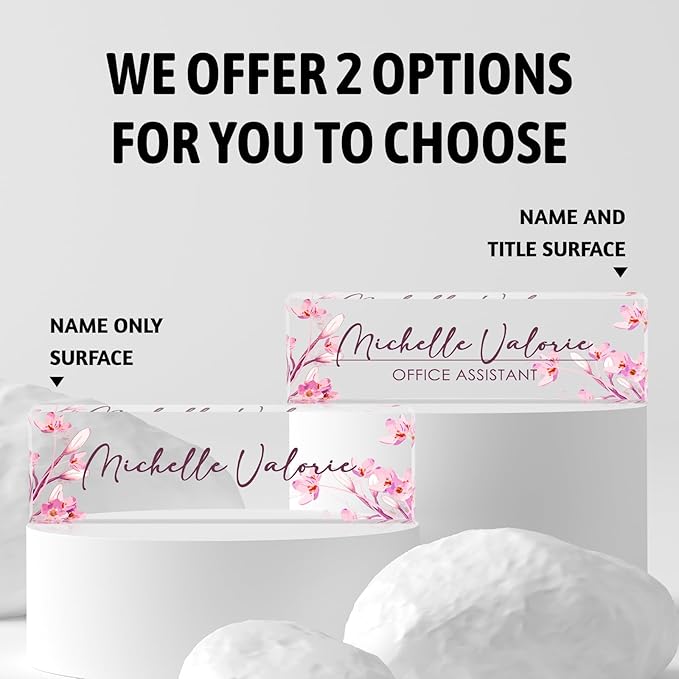 Personalized Name Plate for Desk, Custom Desk Name Plate, Acrylic Name Plate Office Desk Accessories, Personalized Office Gifts for Coworkers Teachers, Employee Appreciation Gifts (A-Pink Flower)