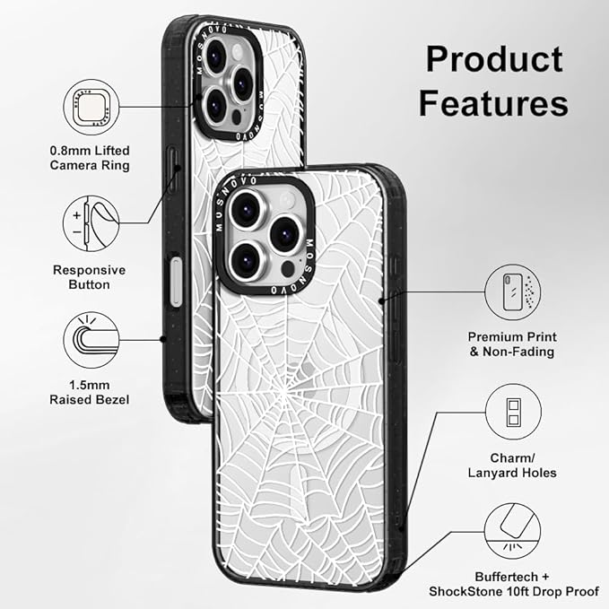 MOSNOVO Magnetic Case for iPhone 16 Pro, 10ft Military-Grade Protection, Compatible with Magsafe, Shockproof Phone Case for iPhone 16 Pro - Spider Web - Clear Black