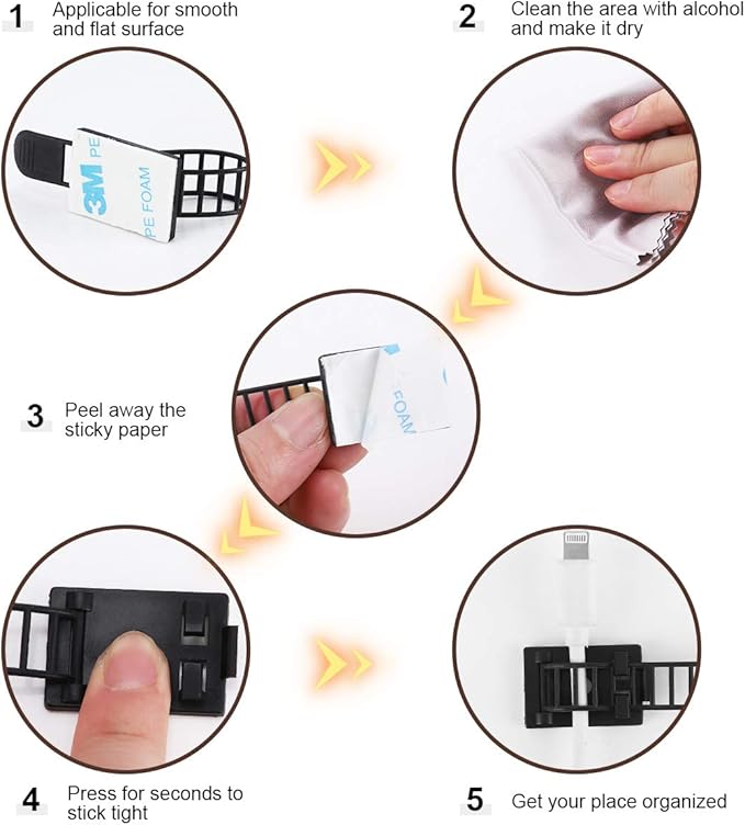 Adhesive Cable Management Clips, 50Pcs Adjustable Nylon Cable Strap Ties Wire Clips Clamps Organizer with Strong Adhesive Tape, Extra Screw & Hole for Strong Fixation Home Office - 3.55 Inch Black