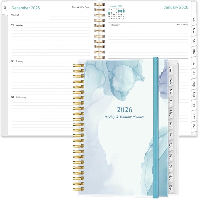 2026 Planner - Planner 2026 from January 2026 - December 2026, Weekly & Monthly Planner Spiral Bound with 12 Monthly Tabs, Inner Pocket, 6.4" x 8.5", Blue Watercolor