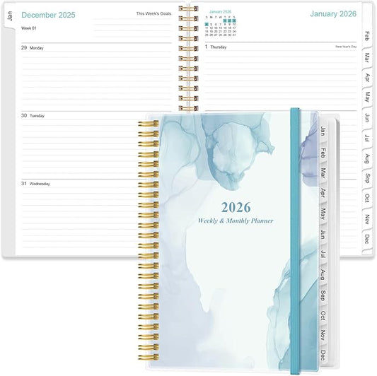 2026 Planner - Planner 2026 from January 2026 - December 2026, Weekly & Monthly Planner Spiral Bound with 12 Monthly Tabs, Inner Pocket, 6.4" x 8.5", Blue Watercolor