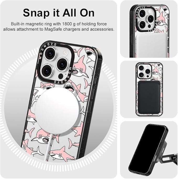 MOSNOVO Magnetic Case for iPhone 16 Pro, 10ft Military-Grade Protection, Compatible with Magsafe, Shockproof Phone Case for iPhone 16 Pro - Pink Sharks - Clear Black
