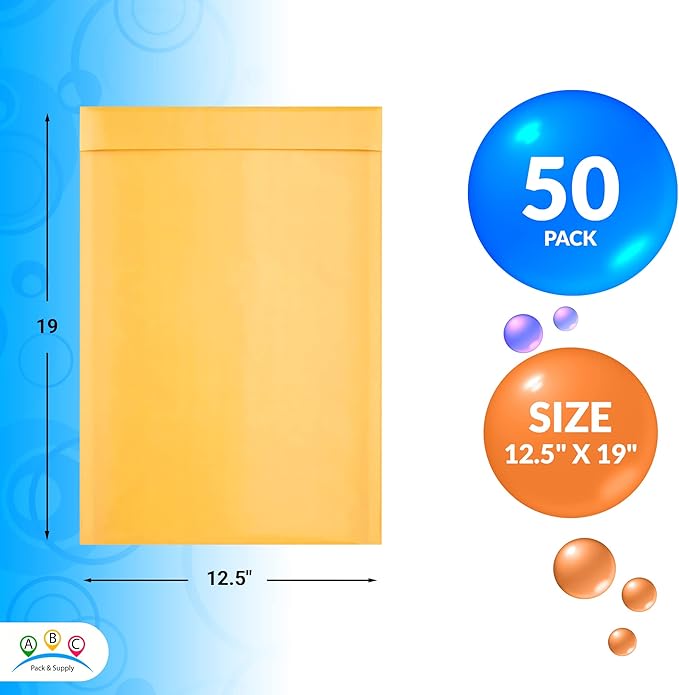 ABC PACK & SUPPLY Yellow Kraft Bubble Mailer Envelopes, 12.5 x 19 Inches. 50 Pack Mail Padded Envelopes Self Seal. Kraft Bubble Mailers. Tear-Resistant Mailing Envelope Padded. Sturdy Paper Mailer