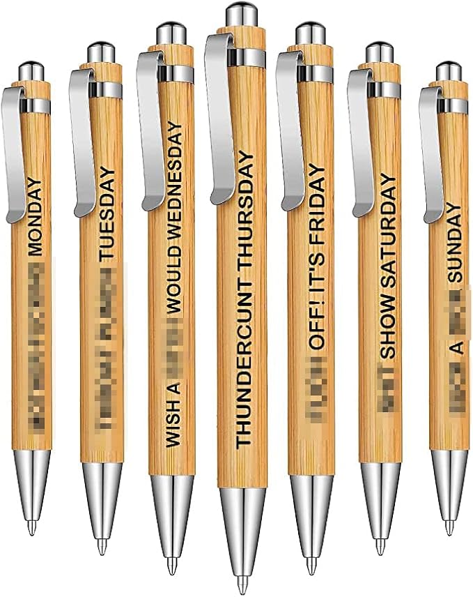 7-Piece Funny Bamboo Pen Set for Sarcastic Souls, Unique Days of The Week Mood Ballpoint Pens with Engraved Humorous Quotes, Excellent Gift for Office, Friends, and Coworkers