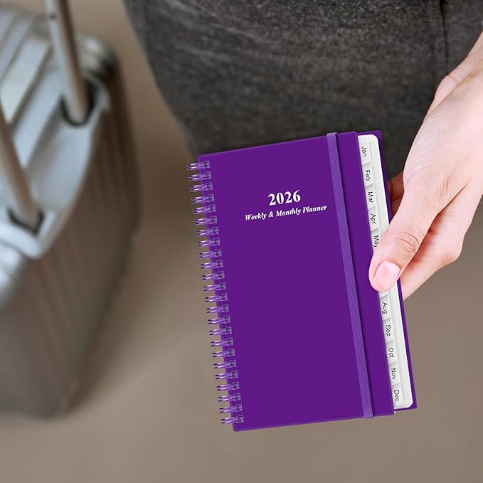 2026 Pocket Planner/Calendar - 2026 Planner from January 2026 - December 2026, Planner 2026 with 12 Tabs, Twin-Wire Binding, Inner Pocket, 3.75" x 6.75, Purple