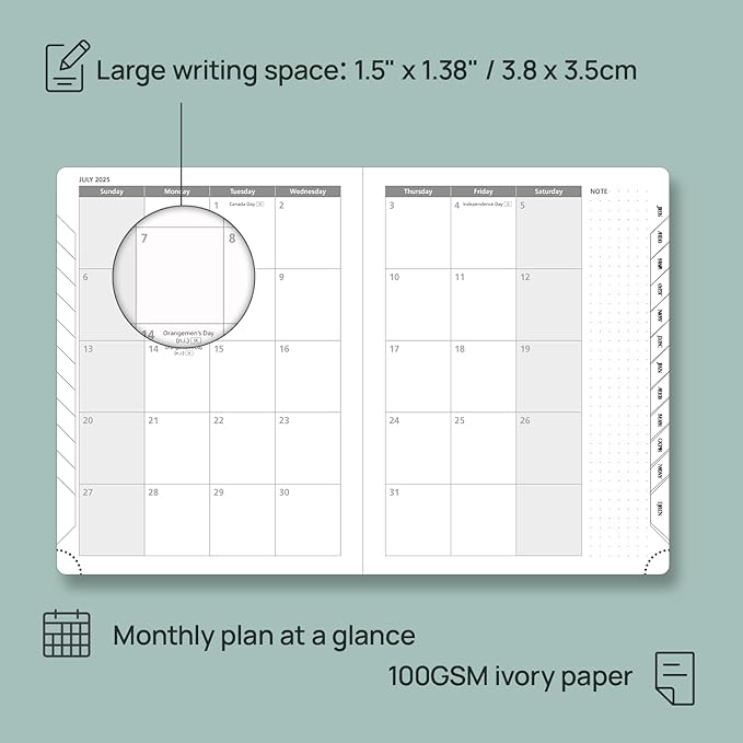 POPRUN Planner 2025-2026, (Medium 6.5'' x 8.5'' Hard Cover) Academic Calendar (July 25-June 26) Daily Weekly and Monthly Appointment Book with Hourly Time Slots, Monthly Tabs, 100 GSM - Midnight Green