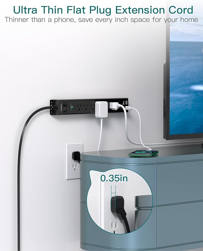 6Ft Power Strip Surge Protector - Addtam Extension Cord with 6 AC Outlets and 4 USB (2 USB-C) Ports, 1875W/15A, Wall Mount, Multi Plug Outlet Extender for Home Office College Dorm Room Essentials