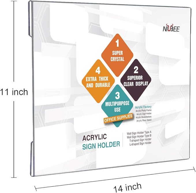 NIUBEE Acrylic Sign Holder 14x11 Inches Horizontal, Clear Plastic Wall Mount Sign Holder Poster Paper Holder with Double Sided Adhesive Tape for Office, Home, Store, Restaurant-No Drilling(6 Pack)