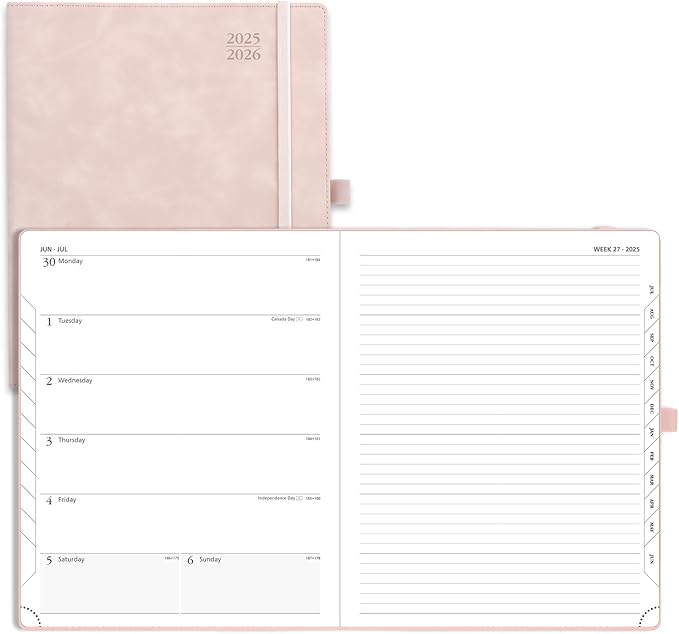 POPRUN Planner 2025-2026 Weekly Notebook (Large 8.5''x 10.5'') Academic Calendar (JUL.25 - JUN.26) Appointment Book with Monthly Tabs, Leather Soft Cover, Inner Pocket, 100 GSM - Pink
