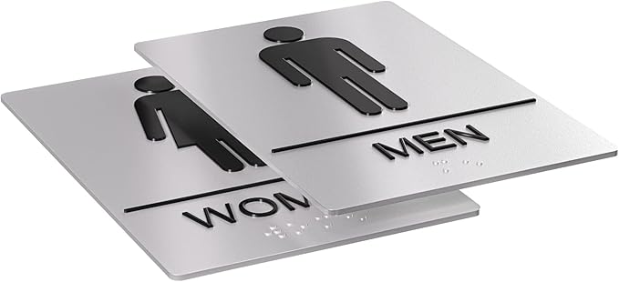 Unisex Bathroom Signs, Restroom Sign For Business - For Men and Women - 9" by 6" - ADA Compliant with Braille - Strong Double-Sided Adhesives Included - Apply to Office, Home, Public Door/Wall