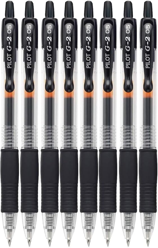 G2 Retractable Premium Gel Ink Roller Ball Pens Extra Fine Point (.5mm) Black Ink 8 pack; Refillable & Premium Comfort Grip Bundle with Plastic Reusable Pouch