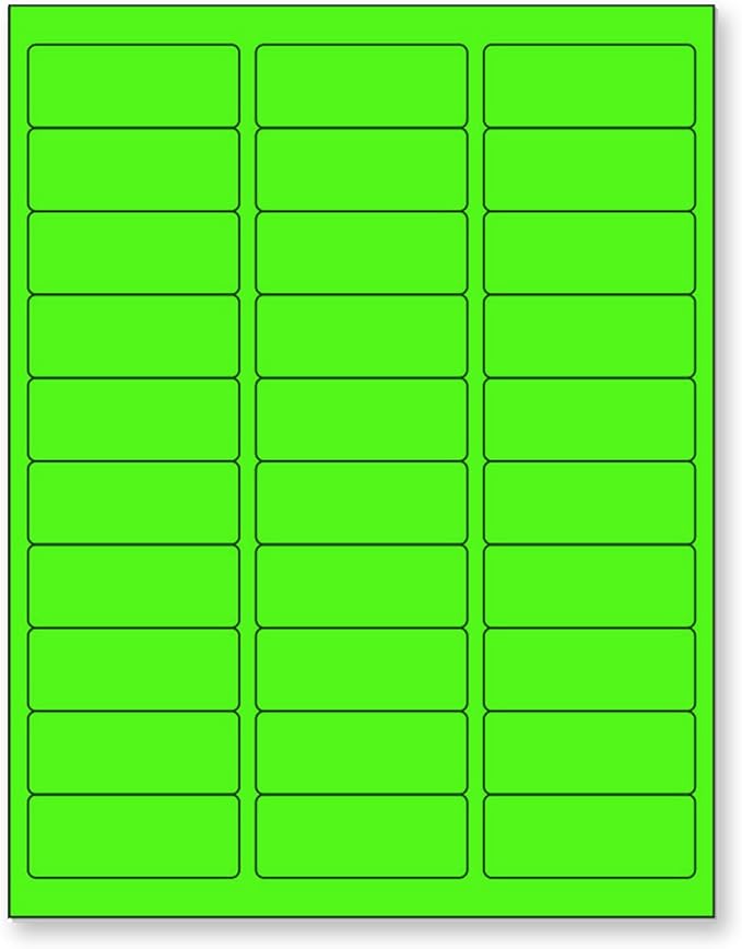 8-1/2 x 11 Neon Color High Light Fluorescent Labels for Laser & Inkjet Printer (Green Fluorescent, 1" x 2-5/8" - 30 Per Page | 3,000 Labels)