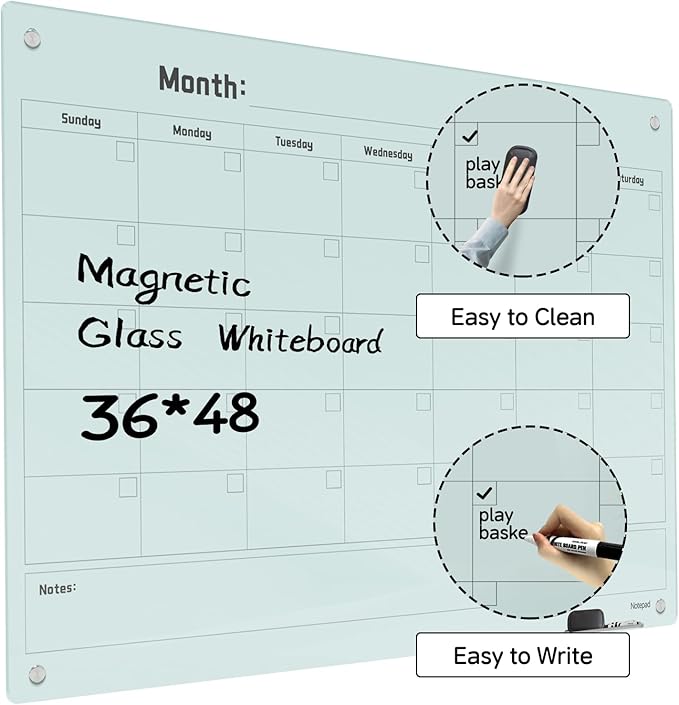 Magnetic Glass Dry Erase Board Calendar- White Board 48 x 36 Inch Wall Mounted Monthly Whiteboard, Large Frameless Glass White Board for Wall Office, Home & School