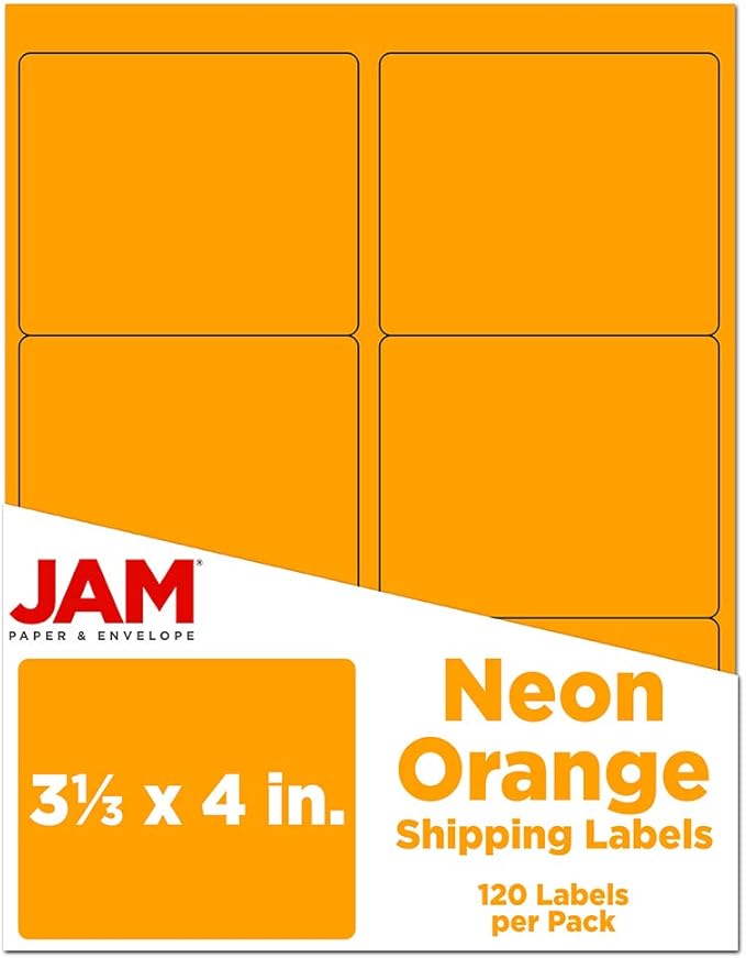 JAM PAPER Shipping Address Labels - Large - 3 1/3 x 4 - Neon Fluorescent Orange - 120/Pack