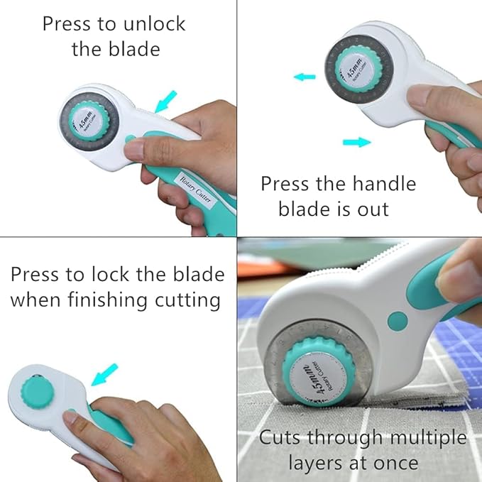 Rotary Cutter Set Green - Quilting Kit incl. 45mm Fabric Cutter, 5 Replacement Blades, A2 Cutting Mat, Acrylic Quilting Ruler, Sewing Clips, Craft Knife Set, Ideal for Crafting, Sewing, Patchworking