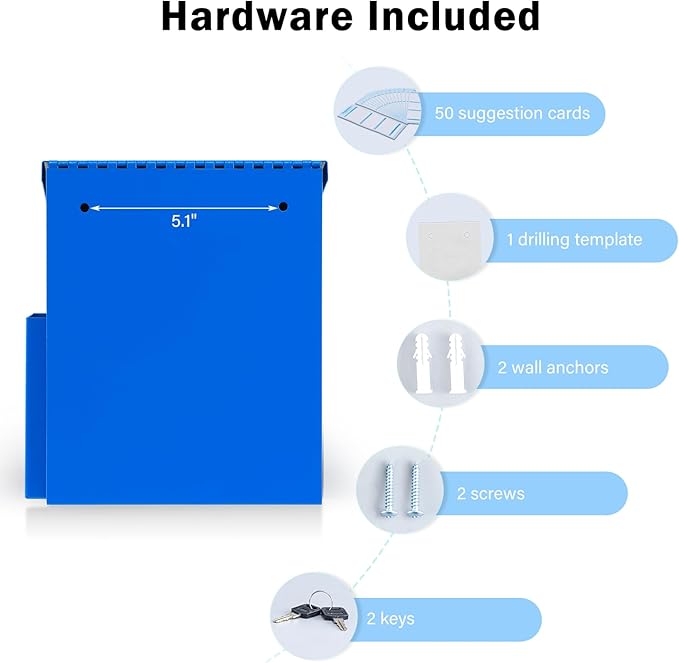 xydled Wall Mounted Ballot & Donation Box with 50 Suggestion Cards, Metal Suggestion Collection Box with Key Lock, Blue, 8.7"x 5.9"x7.1"