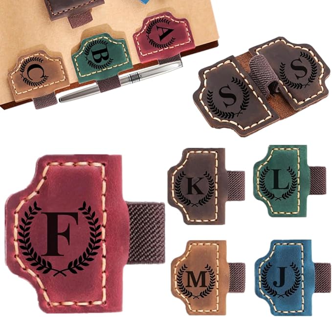 Custom Bookmark with Pen Holder with 26 Letters Personalized Magnetic Leather Book Mark, Customized Name Book Marker Clip with Initial for Men Women, Gifts for Book Lovers, Readers, (Red, F)