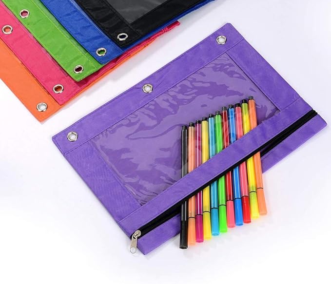 Pencil Pouch 3 Ring, Zipper Pencil Pouches Case Binder Cosmetic Bag Black 2 Pack