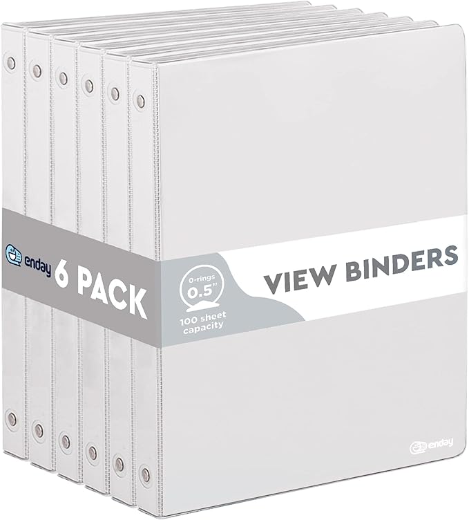 ½ Inch 3 Ring Binder Grey, .5 Inch Round Ring Clear View Cover with 2 Inside Pockets Binders, Colored School Supplies Binders, Also Available in Pink, Red, Green, Blue, and Purple (6 PC) – by Enday